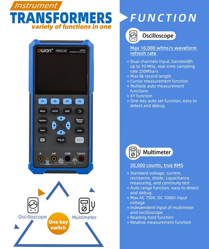 HDS242 OWON oscilloscope 2-in-1 2-channel digital handheld oscilloscope Multifunctional 3.5-inch LCD 40MHz bandwidth 2000 Counting multimeter OSC+DMM for automotive maintenance and power detection