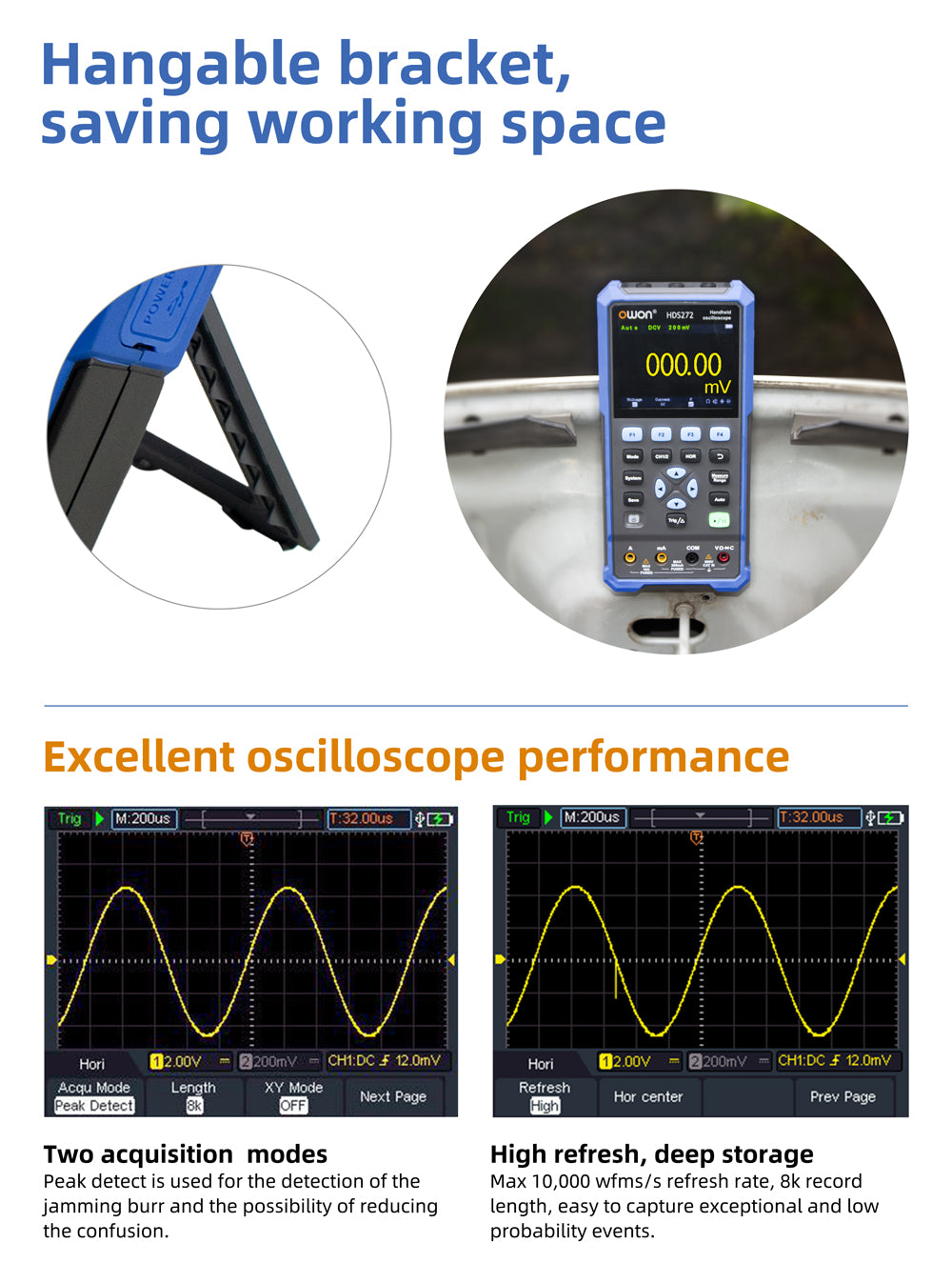 HDS242 OWON oscilloscope 2-in-1 2-channel digital handheld oscilloscope Multifunctional 3.5-inch LCD 40MHz bandwidth 2000 Counting multimeter OSC+DMM for automotive maintenance and power detection