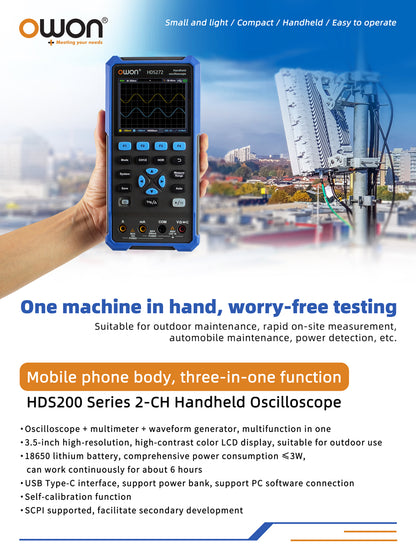 HDS242 OWON oscilloscope 2-in-1 2-channel digital handheld oscilloscope Multifunctional 3.5-inch LCD 40MHz bandwidth 2000 Counting multimeter OSC+DMM for automotive maintenance and power detection