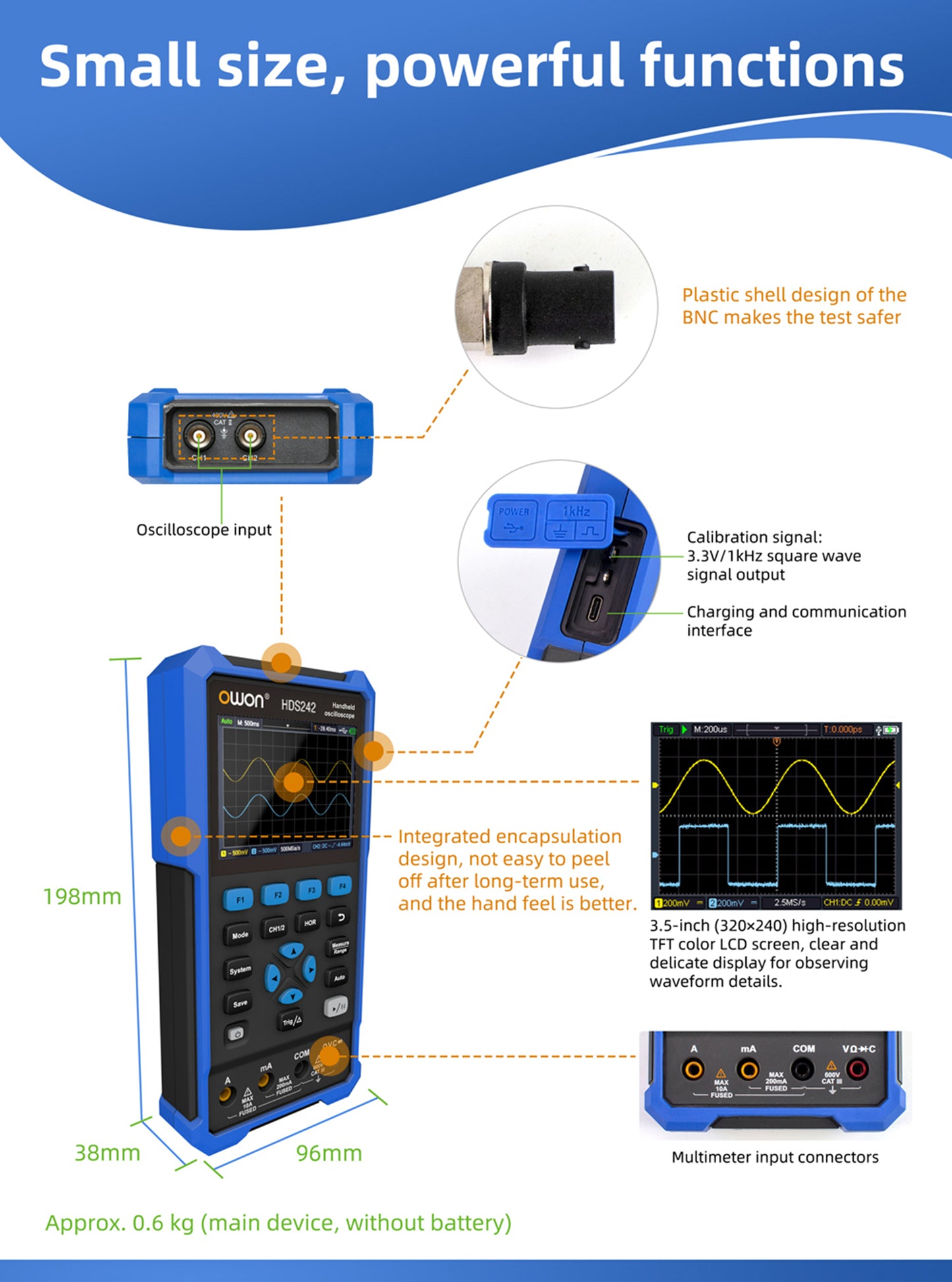 HDS242 OWON oscilloscope 2-in-1 2-channel digital handheld oscilloscope Multifunctional 3.5-inch LCD 40MHz bandwidth 2000 Counting multimeter OSC+DMM for automotive maintenance and power detection