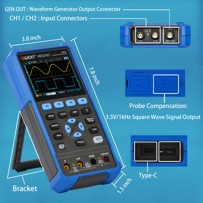 HDS242S OWON oscilloscope 3-in-1 digital handheld oscilloscope Multi-function 2+1CH 3.5-inch LCD 40MHz bandwidth multi-meter OSC + DMM+ waveform signal generator, used for automotive maintenance, power detection