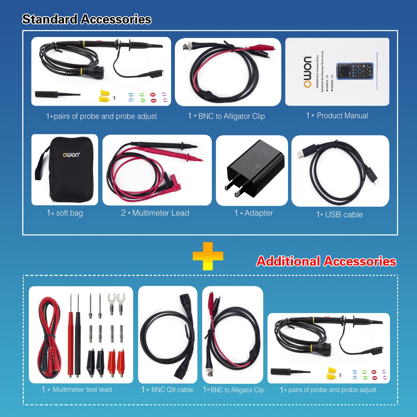 HDS242S OWON oscilloscope 3-in-1 digital handheld oscilloscope Multi-function 2+1CH 3.5-inch LCD 40MHz bandwidth multi-meter OSC + DMM+ waveform signal generator, used for automotive maintenance, power detection