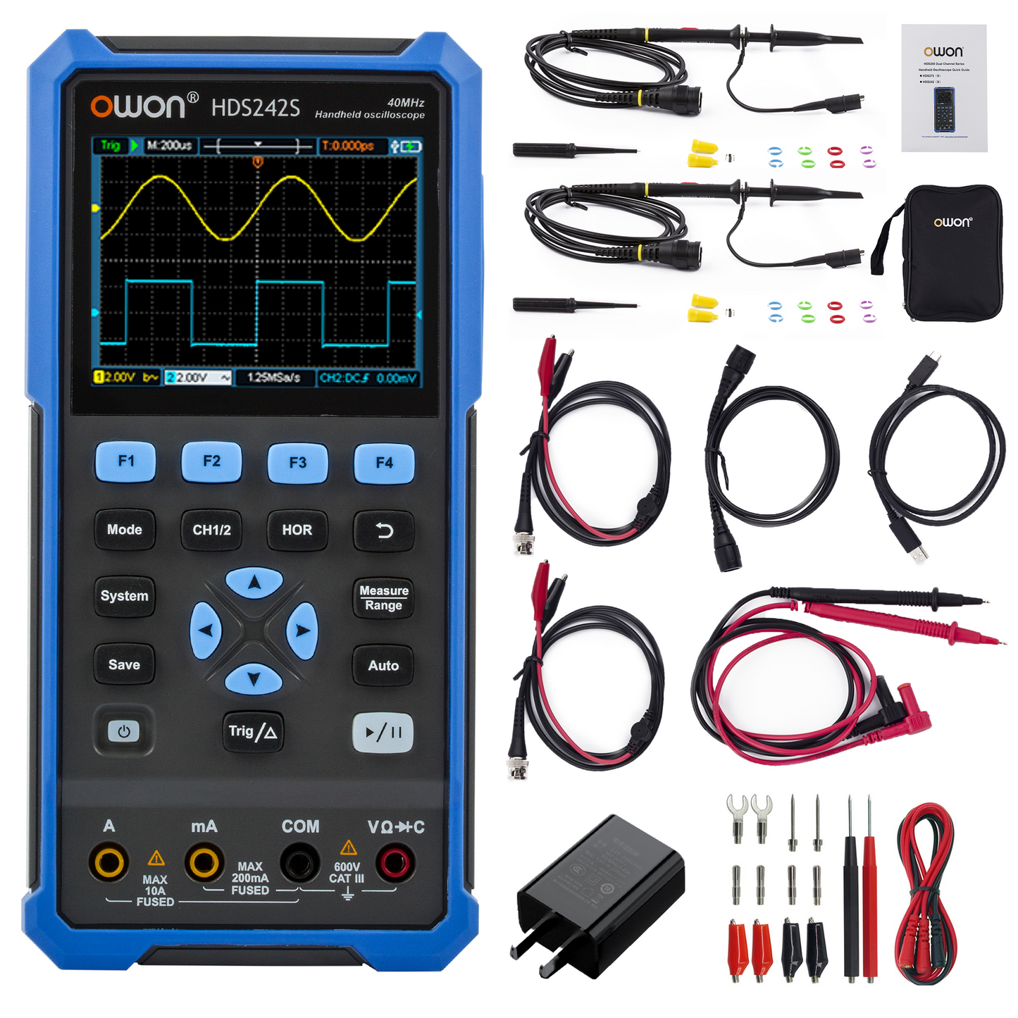 HDS242S OWON oscilloscope 3-in-1 digital handheld oscilloscope Multi-function 2+1CH 3.5-inch LCD 40MHz bandwidth multi-meter OSC + DMM+ waveform signal generator, used for automotive maintenance, power detection