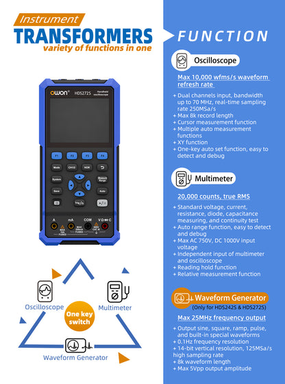 HDS242S OWON oscilloscope 3-in-1 digital handheld oscilloscope Multi-function 2+1CH 3.5-inch LCD 40MHz bandwidth multi-meter OSC + DMM+ waveform signal generator, used for automotive maintenance, power detection