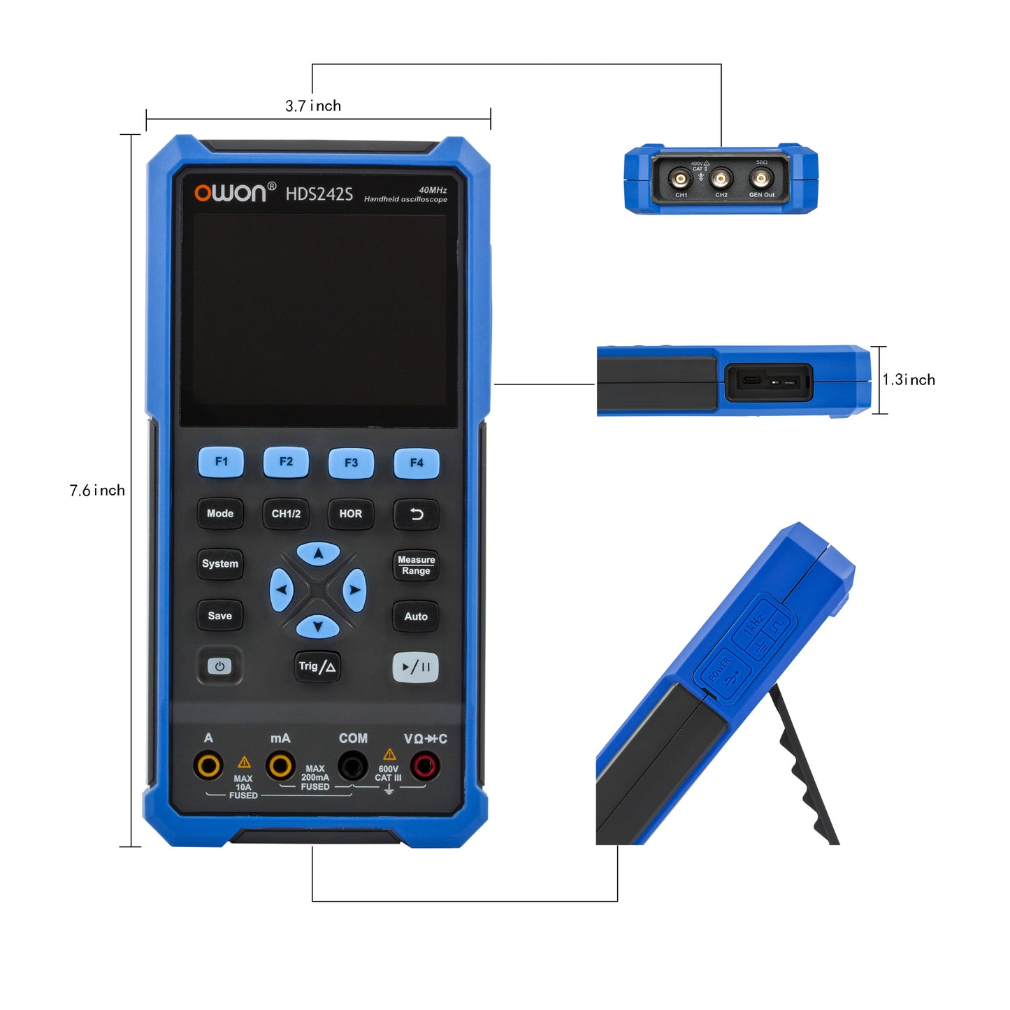 HDS242S OWON oscilloscope 3-in-1 digital handheld oscilloscope Multi-function 2+1CH 3.5-inch LCD 40MHz bandwidth multi-meter OSC + DMM+ waveform signal generator, used for automotive maintenance, power detection