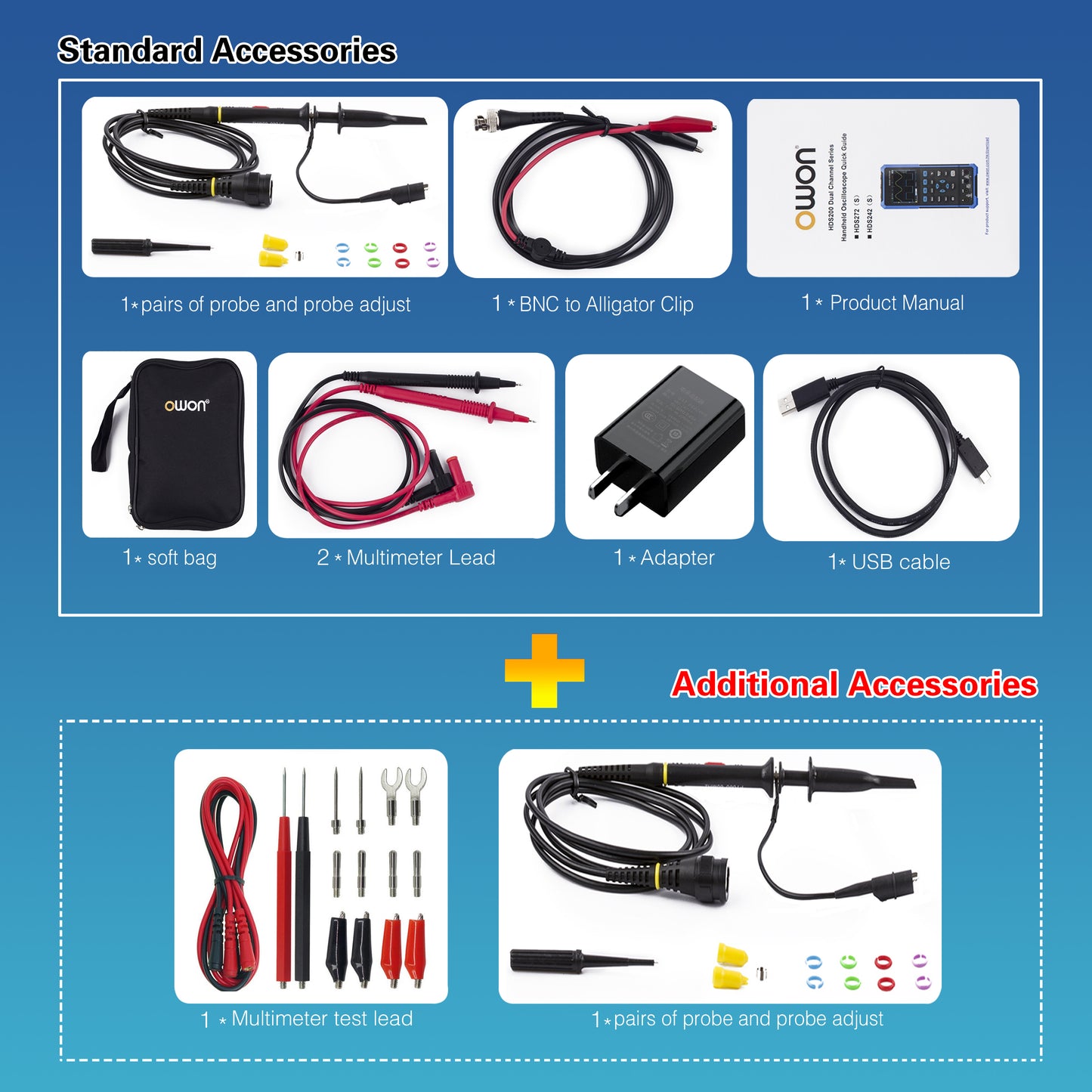 HDS242 OWON oscilloscope 2-in-1 2-channel digital handheld oscilloscope Multifunctional 3.5-inch LCD 40MHz bandwidth 2000 Counting multimeter OSC+DMM for automotive maintenance and power detection