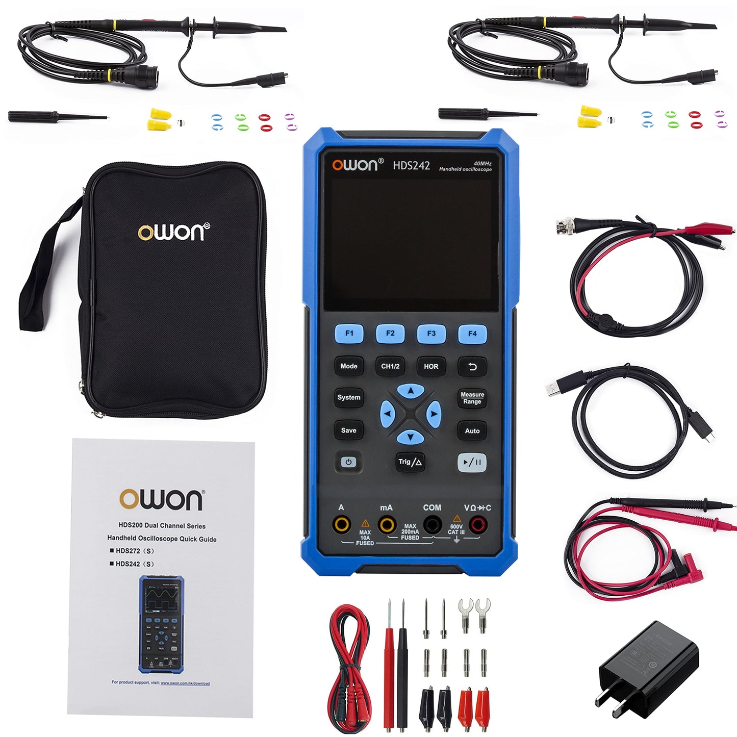 HDS242 OWON oscilloscope 2-in-1 2-channel digital handheld oscilloscope Multifunctional 3.5-inch LCD 40MHz bandwidth 2000 Counting multimeter OSC+DMM for automotive maintenance and power detection