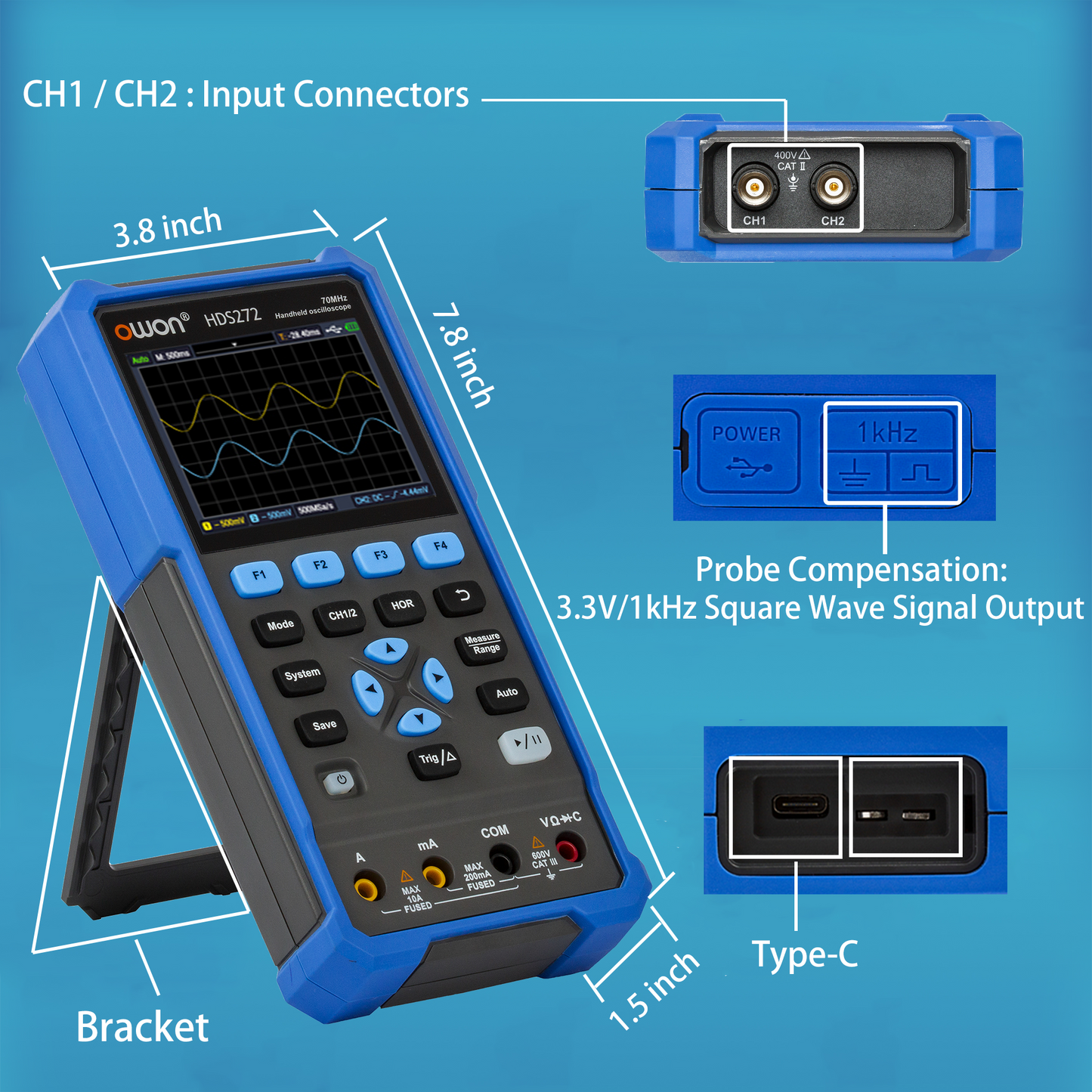 HDS272 OWON oscilloscope 2-in-1 2-channel digital handheld oscilloscope Multifunctional 3.5-inch LCD 70MHz bandwidth 2000 count Most OSC+DMM+ for automotive maintenance, power supply detection