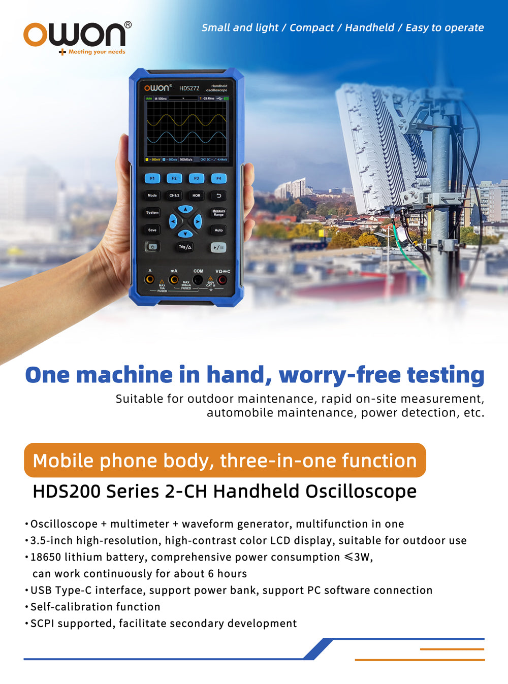 OWON Oscilloscope HDS272S 2+1CH digital handheld oscilloscope multimeter 3 in 1 70MHz bandwidth 3.5-inch LCD multimeter OSC+DMM+ waveform signal generator, used for automotive maintenance, power detection