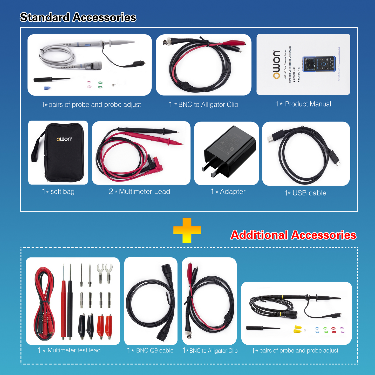 OWON Oscilloscope HDS272S 2+1CH digital handheld oscilloscope multimeter 3 in 1 70MHz bandwidth 3.5-inch LCD multimeter OSC+DMM+ waveform signal generator, used for automotive maintenance, power detection