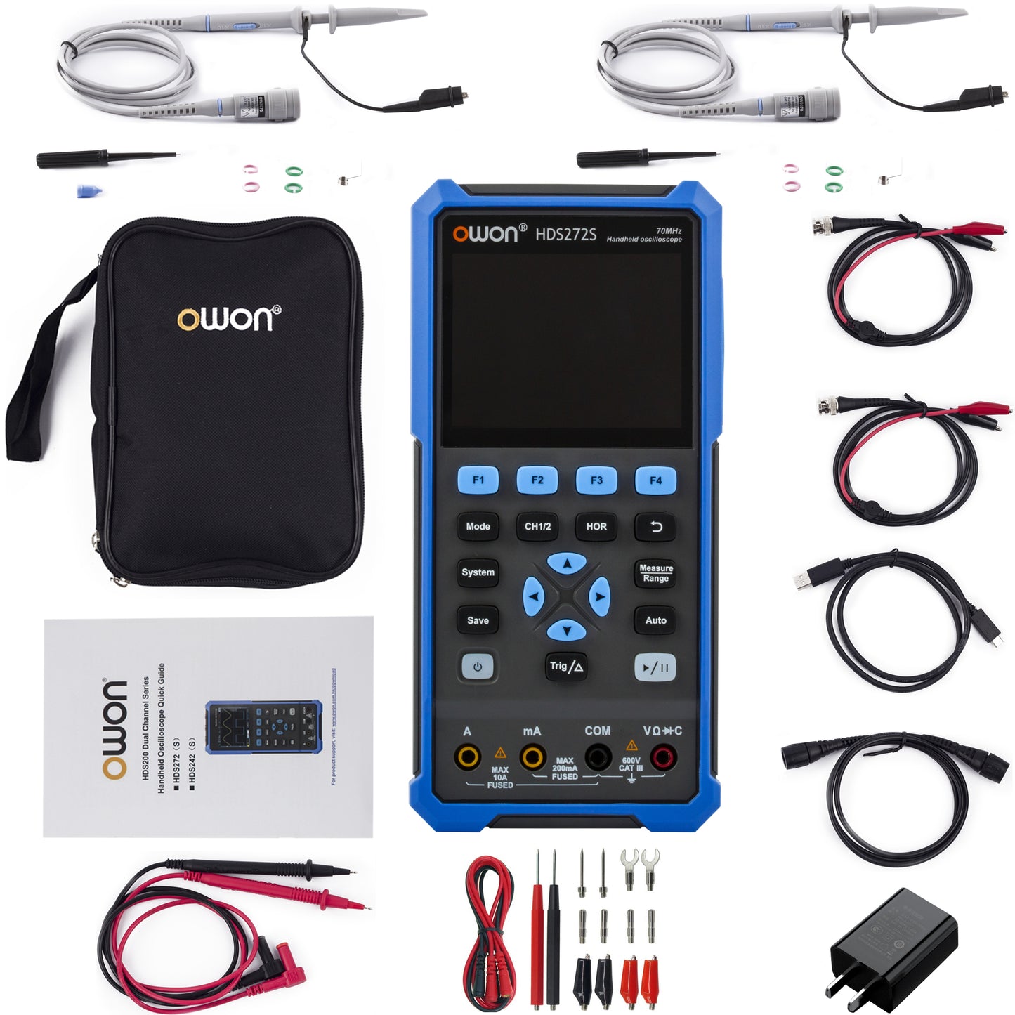 OWON Oscilloscope HDS272S 2+1CH digital handheld oscilloscope multimeter 3 in 1 70MHz bandwidth 3.5-inch LCD multimeter OSC+DMM+ waveform signal generator, used for automotive maintenance, power detection