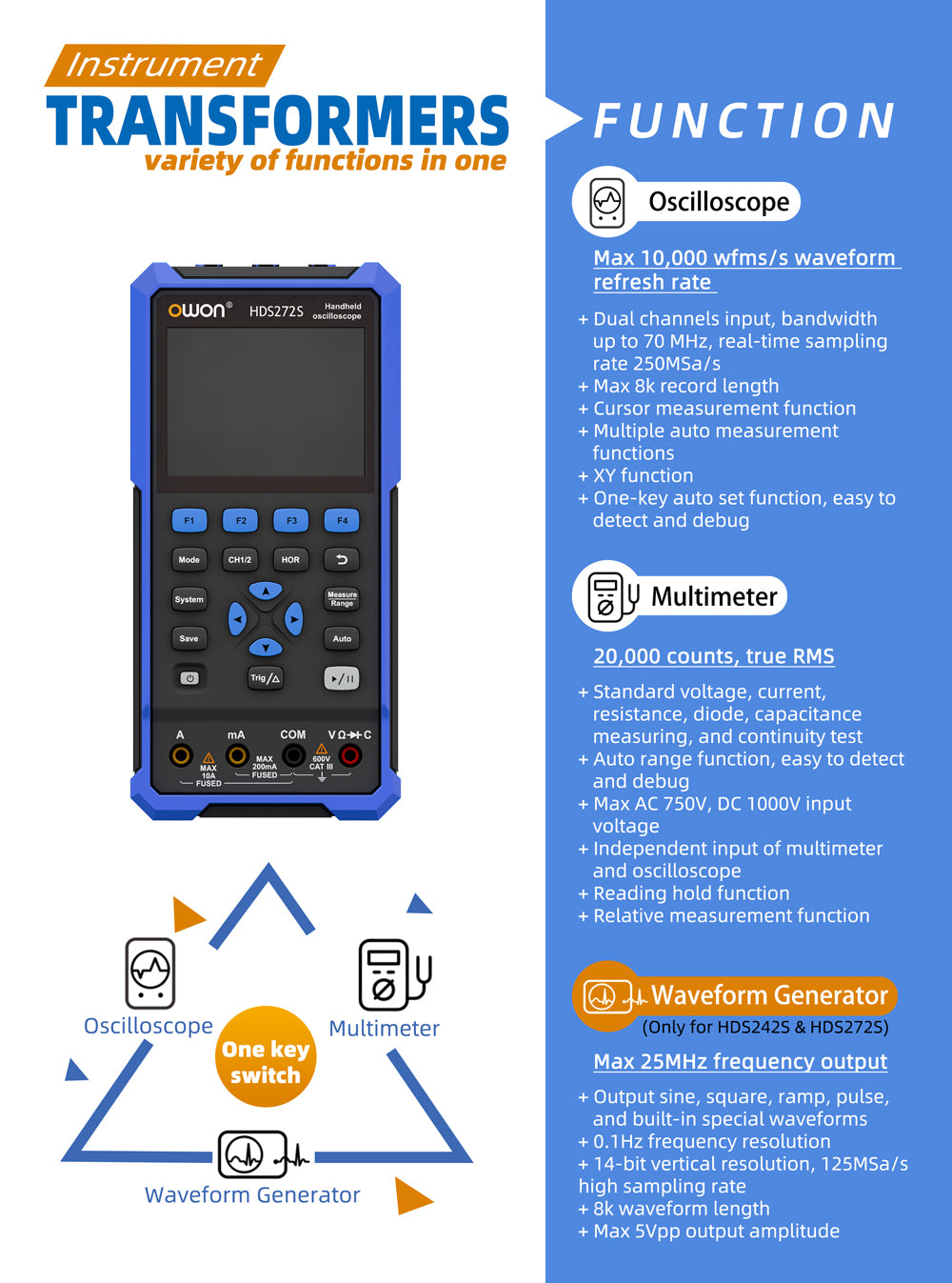 OWON Oscilloscope HDS272S 2+1CH digital handheld oscilloscope multimeter 3 in 1 70MHz bandwidth 3.5-inch LCD multimeter OSC+DMM+ waveform signal generator, used for automotive maintenance, power detection