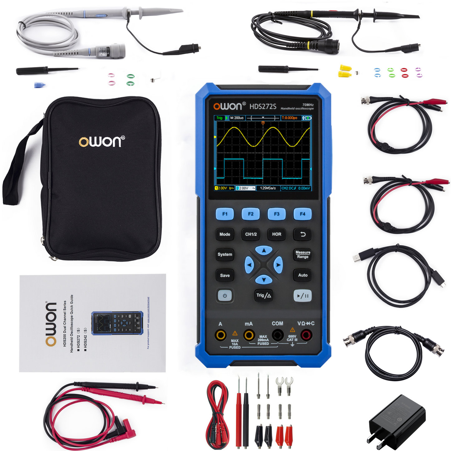 OWON Oscilloscope HDS272S 2+1CH digital handheld oscilloscope multimeter 3 in 1 70MHz bandwidth 3.5-inch LCD multimeter OSC+DMM+ waveform signal generator, used for automotive maintenance, power detection