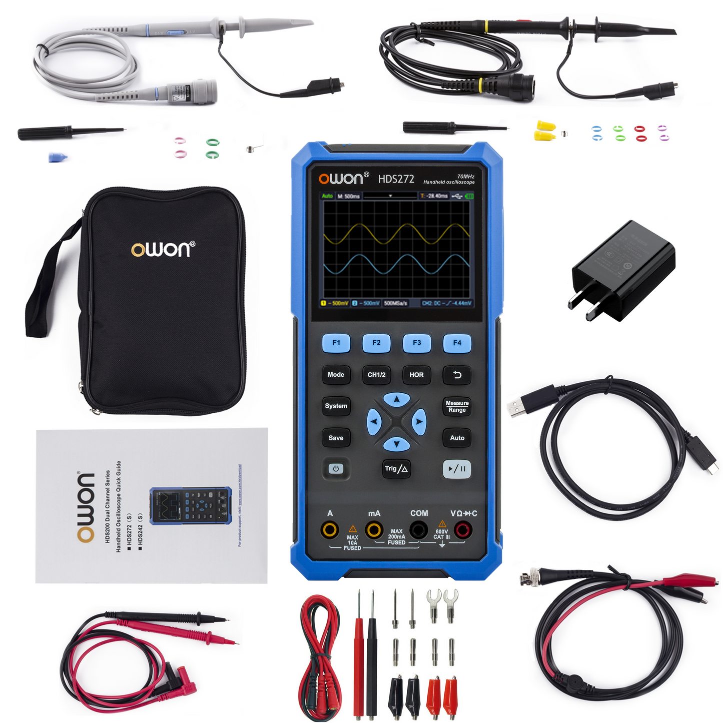 HDS272 OWON oscilloscope 2-in-1 2-channel digital handheld oscilloscope Multifunctional 3.5-inch LCD 70MHz bandwidth 2000 count Most OSC+DMM+ for automotive maintenance, power supply detection