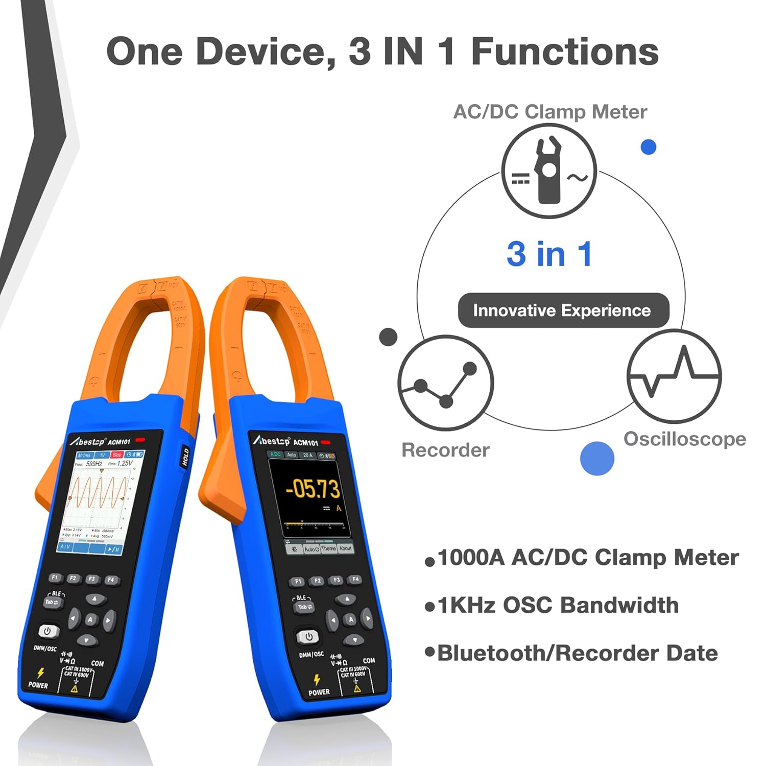1000V AC/DC Voltage Tester 3 in 1 Clamp Meter and Oscilloscope, 1000A AC/DC Current Tester, 1MHz Analog Bandwidth, Ture RMS, Resistance, Capacitance, Continuity Test with 2.8 inch IPS LCD Displa