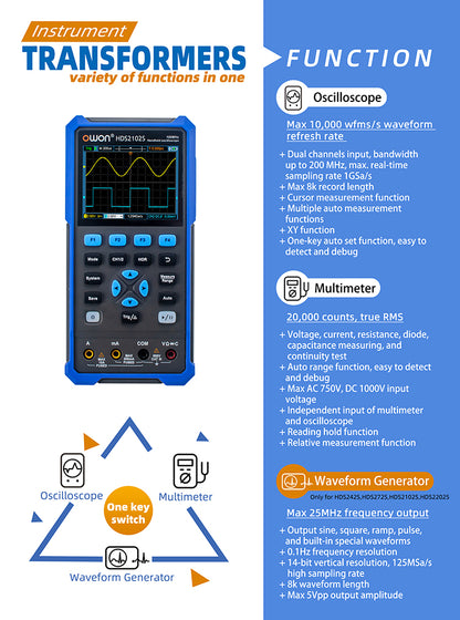 HDS2102S OWON Oscilloscope 2+1CH Digital Handheld Oscilloscope Multiumeter 3 in 1 100MHz Bandwidth 3.5" LCD Multiumeter OSC+DMM+Waveform Signal Generator for Automobile Maintenance,Power Detection