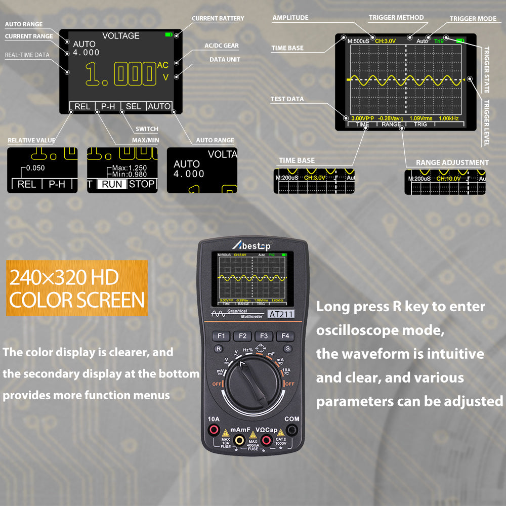 Abestop AT211 Oscilloscope Multimeter 2 in1 Oscilloscope 1MHz Bandwidth 2.5Msps Sampling Rate Meter Function AC/DC Current/Voltage Tester