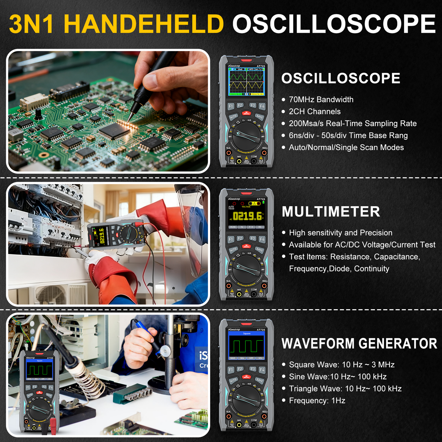 70MHz Bandwdith Digital Oscilloscope Multimeter, Dual Channel AT72S Abestop Oscillograph, 3 in 1 Functions with Digital Multimeter Signal Generator