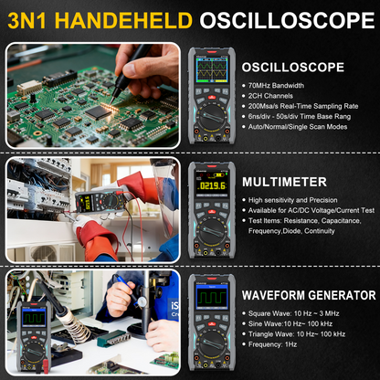 70MHz Bandwdith Digital Oscilloscope Multimeter, Dual Channel AT72S Abestop Oscillograph, 3 in 1 Functions with Digital Multimeter Signal Generator