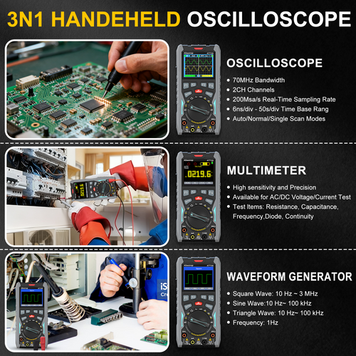 70MHz Bandwdith Digital Oscilloscope Multimeter, Dual Channel AT72S Abestop Oscillograph, 3 in 1 Functions with Digital Multimeter Signal Generator