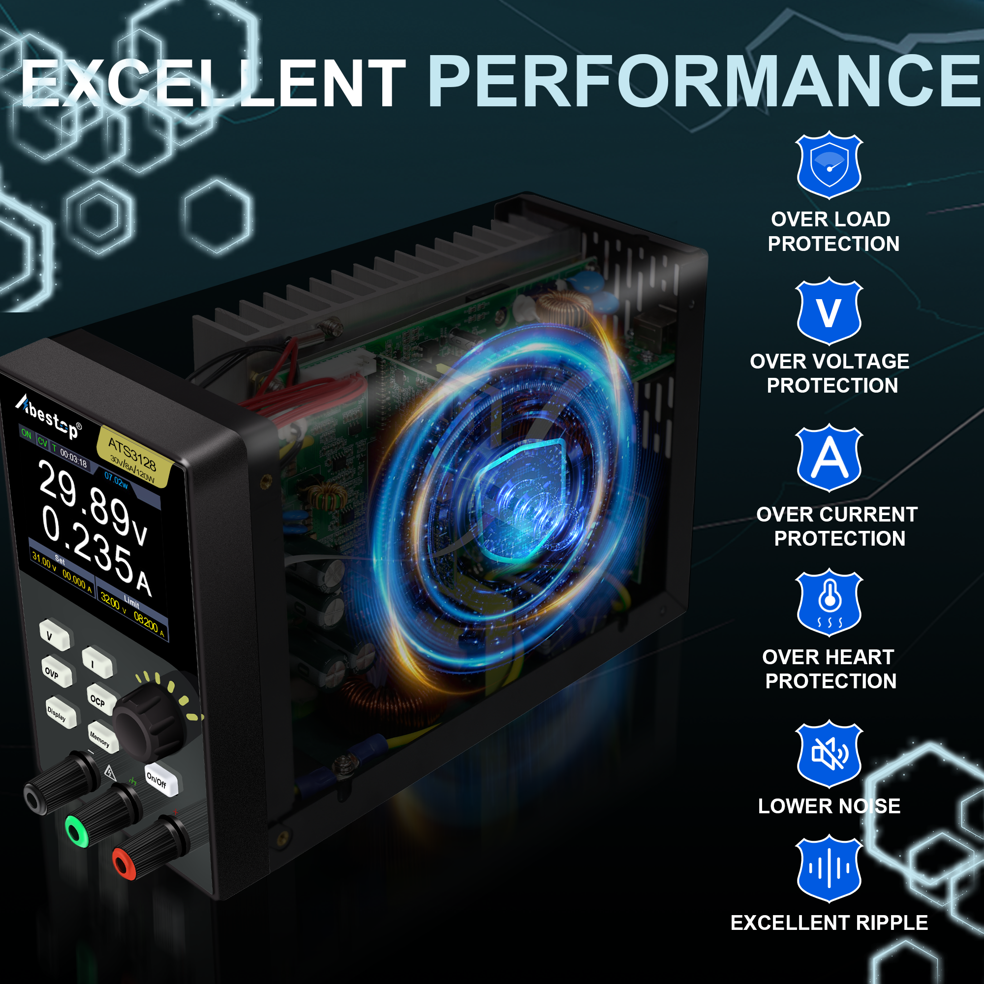 Abestop DC Power Supply 30V/8A Programmable Fanless Ultra-Quiet Bench Power Supply Editing List Waveform and Output with Multiple Protections (30V/8A/120W/ATS3128)