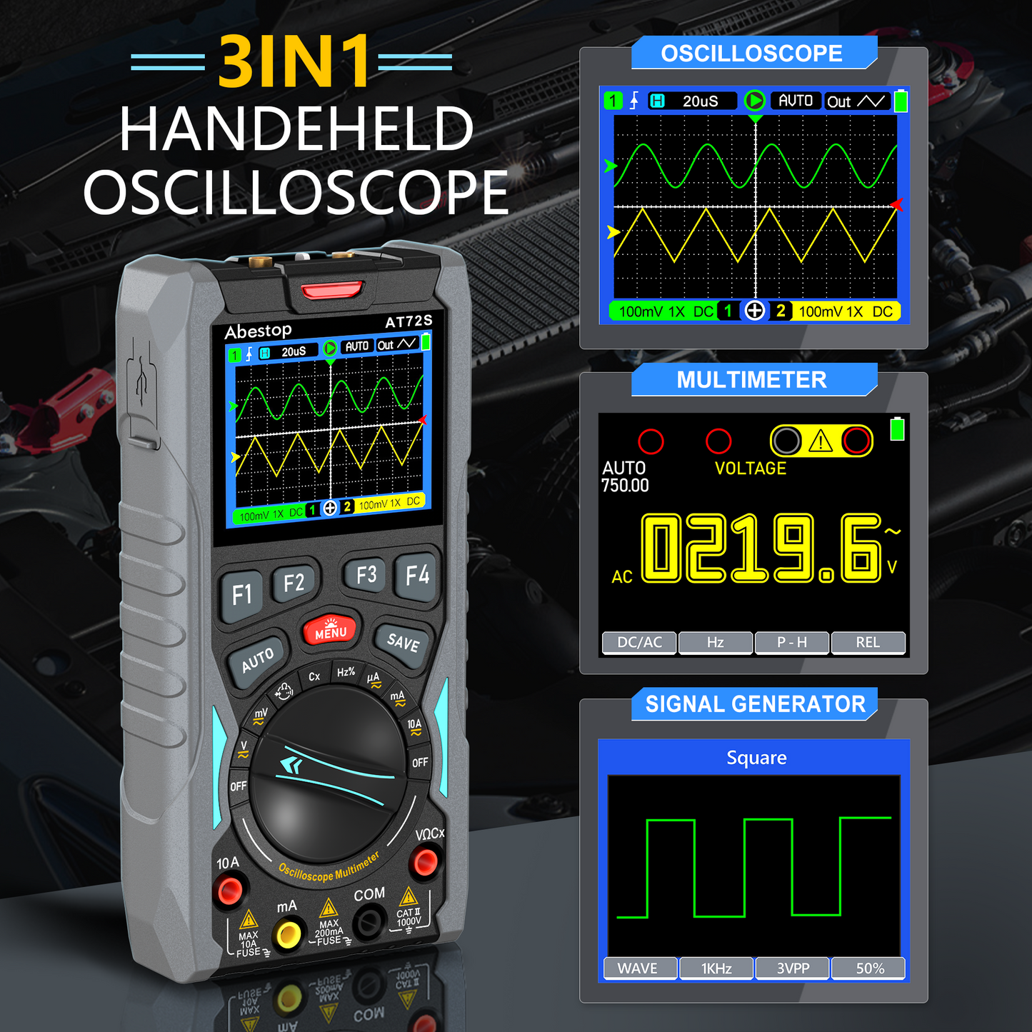 70MHz Bandwdith Digital Oscilloscope Multimeter, Dual Channel AT72S Abestop Oscillograph, 3 in 1 Functions with Digital Multimeter Signal Generator