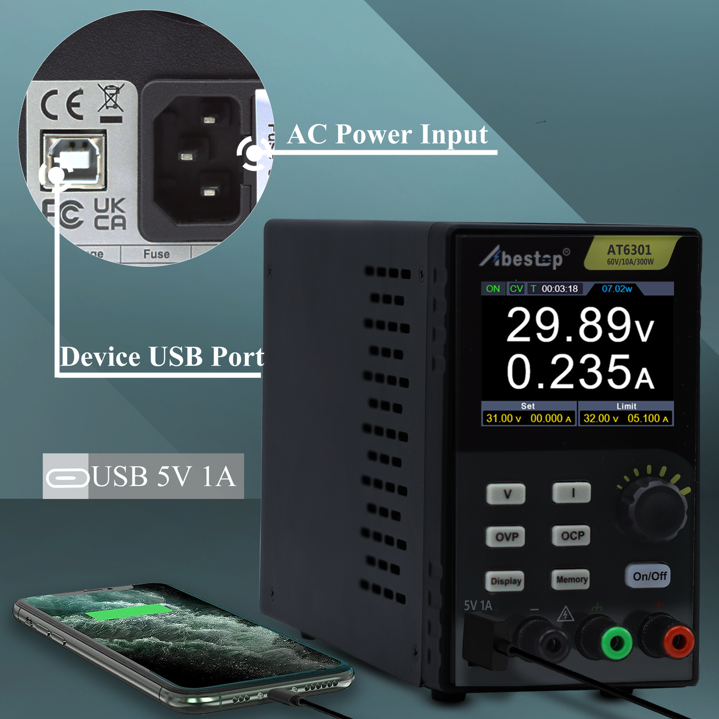 AT6301 DC Power Supply Variable, 60V/10A/300W Adjustable Bench Power Supply with 10mV / 1mA High Resolution 4-Digits 2.8 inch LCD Display, 5V/1A USB Output