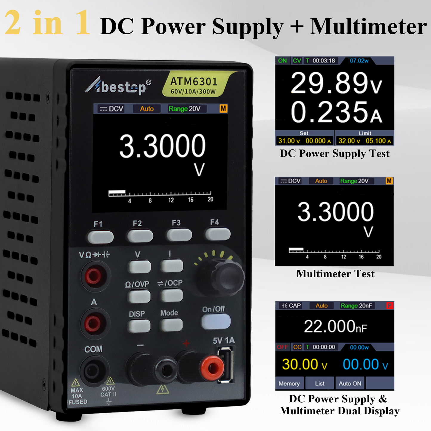 2 in 1 DC Power Supply Multimeter 60V/ 10A Benchtop Power Supply Multiple Protections (60V/10A/300W/ATM6301)