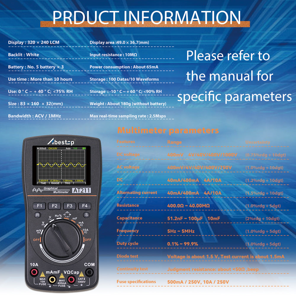 2 in 1 Oscilloscope Multimeter Function Digital Oscilloscope 1MHz Bandwidth 2.5Msps Sampling Rate Digital Oscilloscope Multimeter Trigger Mode AC/DC Current/Voltage Tester