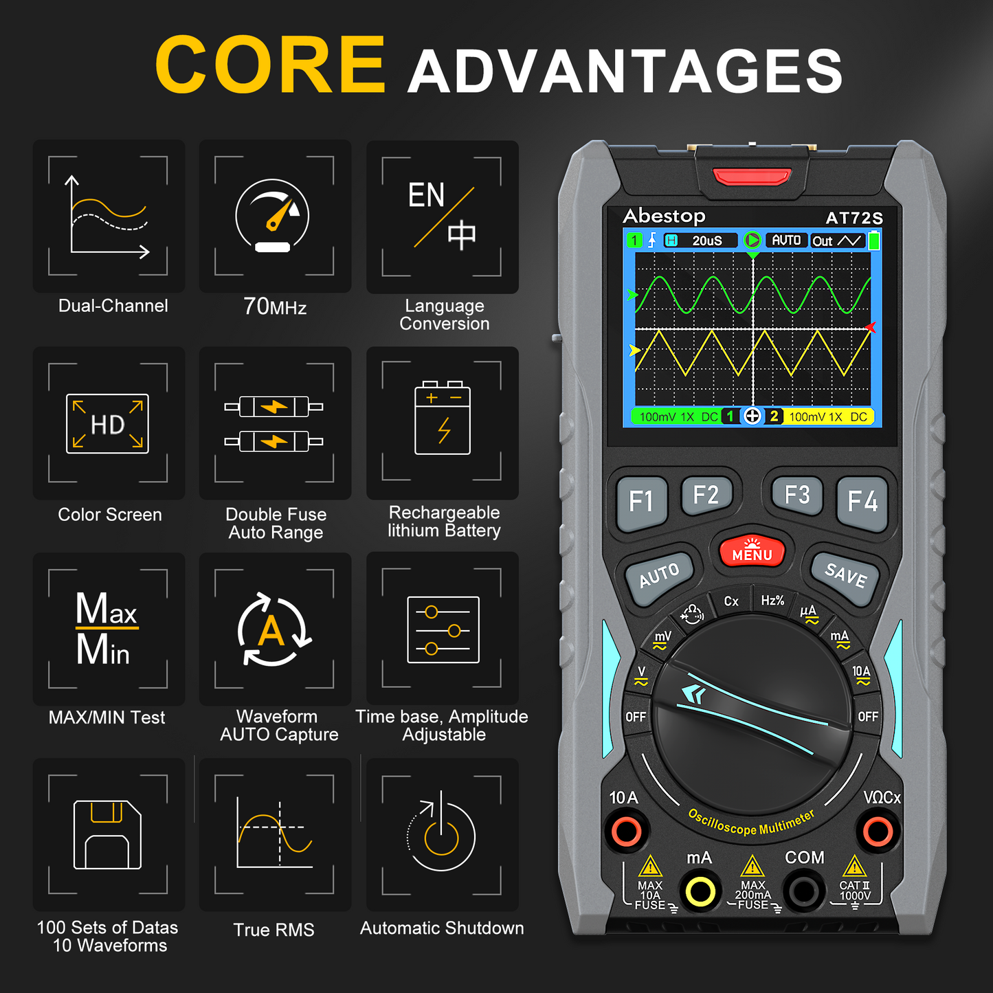 70MHz Bandwdith Digital Oscilloscope Multimeter, Dual Channel AT72S Abestop Oscillograph, 3 in 1 Functions with Digital Multimeter Signal Generator