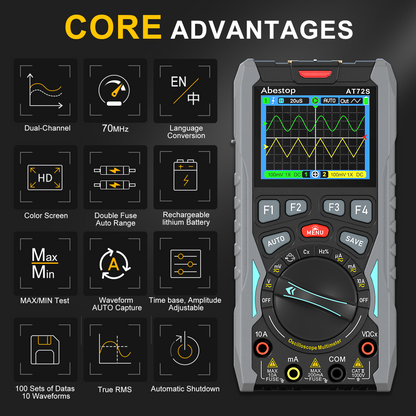70MHz Bandwdith Digital Oscilloscope Multimeter, Dual Channel AT72S Abestop Oscillograph, 3 in 1 Functions with Digital Multimeter Signal Generator