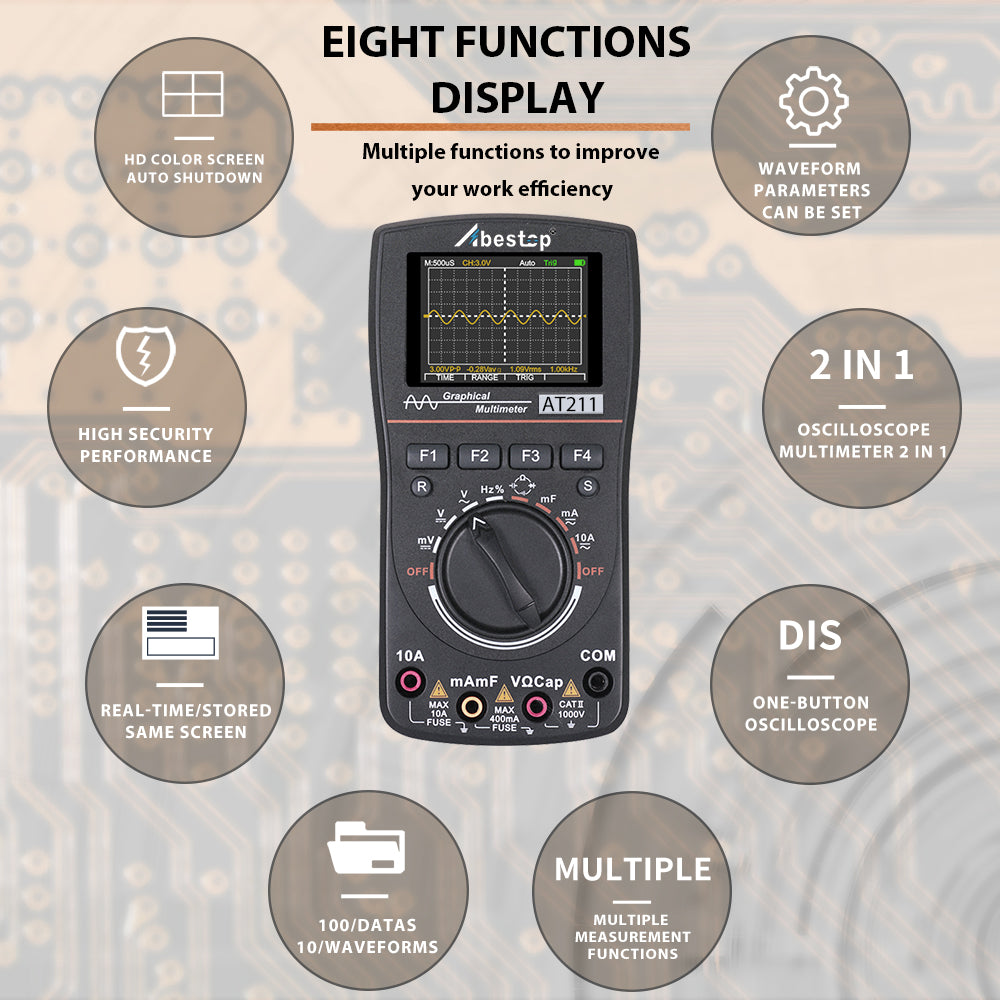 Abestop AT211 Oscilloscope Multimeter 2 in1 Oscilloscope 1MHz Bandwidth 2.5Msps Sampling Rate Meter Function AC/DC Current/Voltage Tester