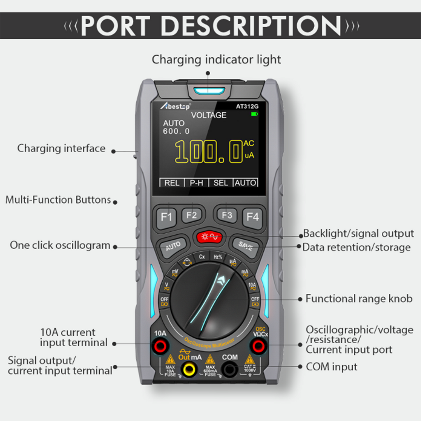 Abestop Oscilloscope 3 in 1 Functions Oscilloscope Multimeter with Waveform Generator 12MHz Bandwidth 50MSa/s Sampling Rate Signal Source Meter Tester(AT312G)