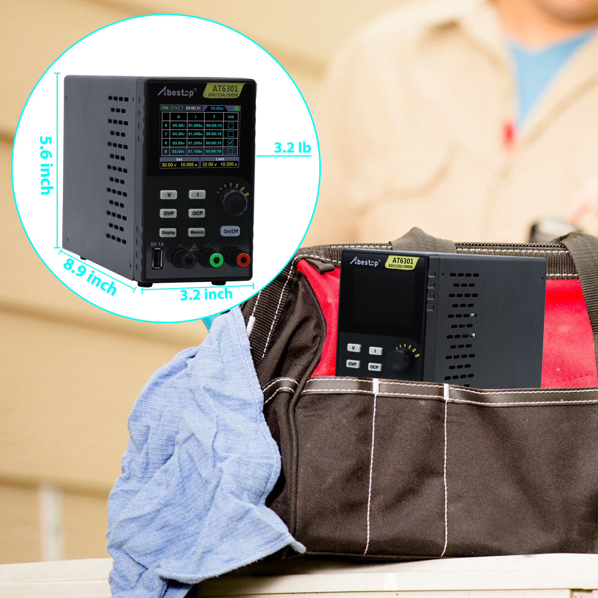 AT6301 DC Power Supply Variable, 60V/10A/300W Adjustable Bench Power Supply with 10mV / 1mA High Resolution 4-Digits 2.8 inch LCD Display, 5V/1A USB Output