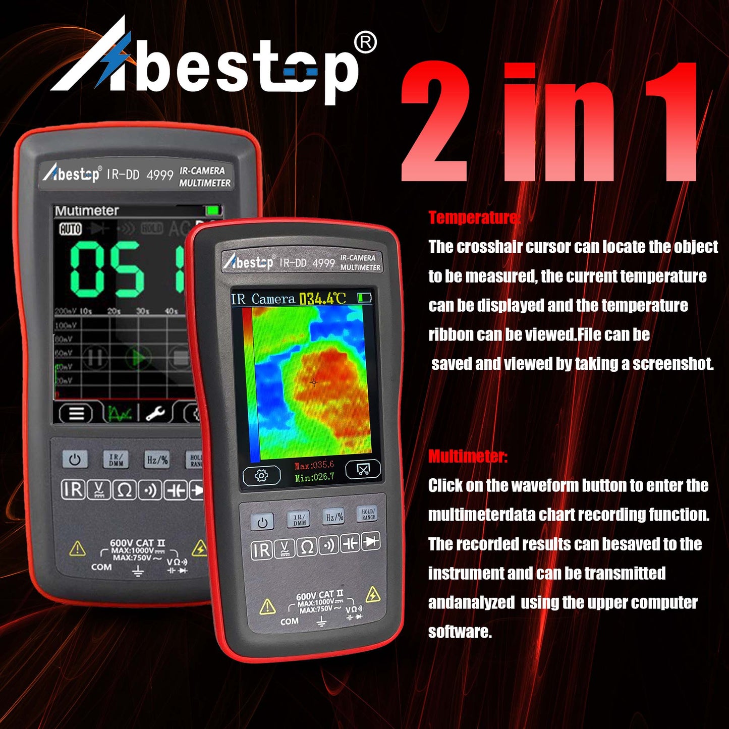 Abestop 2 in 1 Thermal Imager & Digital Multimeter Tester with 10,800 Pixels 20Hz Image Capture Frequency Thermal Imagers 4,000 Counts Display Multimeter Function