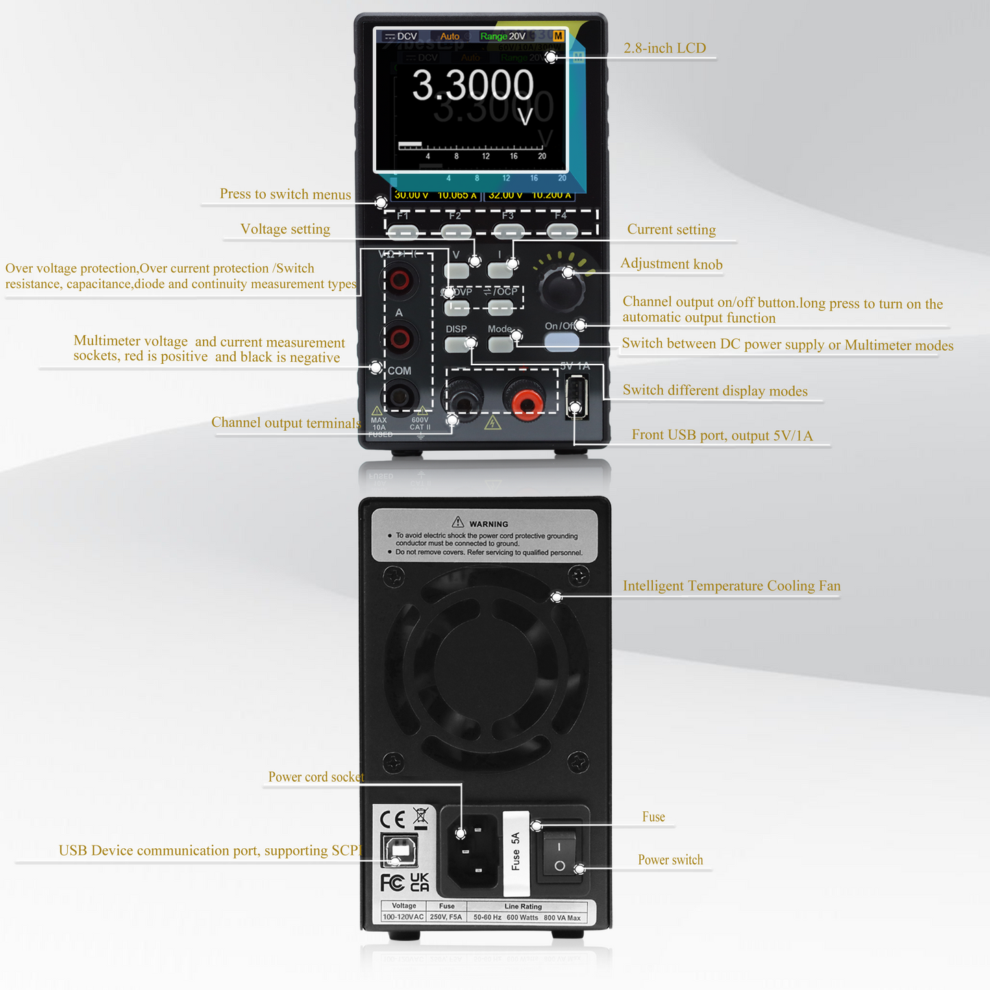 2 in 1 DC Power Supply Multimeter 60V/ 10A Benchtop Power Supply Multiple Protections (60V/10A/300W/ATM6301)