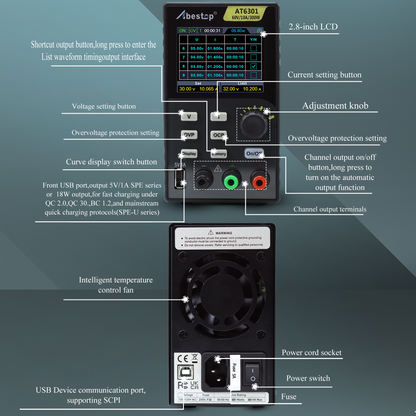 AT6301 DC Power Supply Variable, 60V/10A/300W Adjustable Bench Power Supply with 10mV / 1mA High Resolution 4-Digits 2.8 inch LCD Display, 5V/1A USB Output