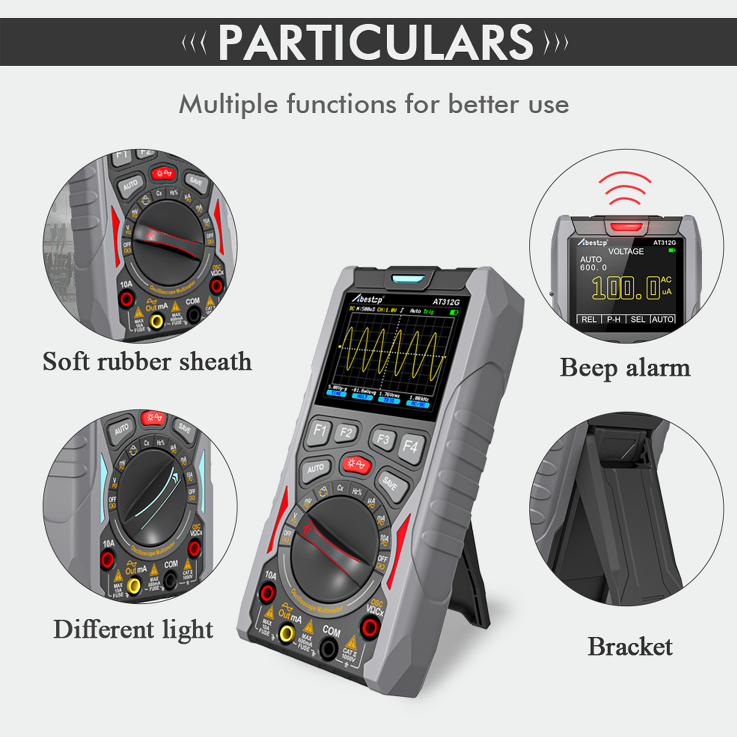 Abestop Oscilloscope 3 in 1 Functions Oscilloscope Multimeter with Waveform Generator 12MHz Bandwidth 50MSa/s Sampling Rate Signal Source Meter Tester(AT312G)