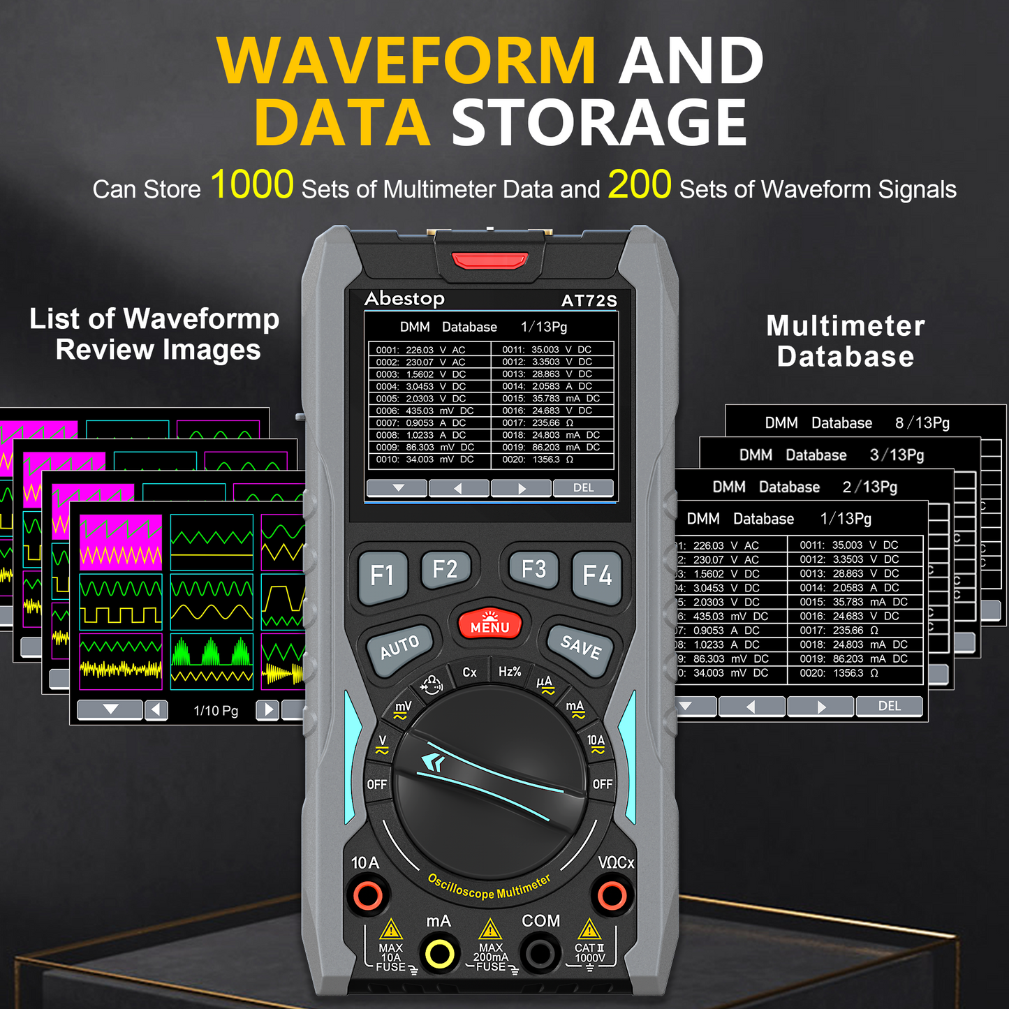 70MHz Bandwdith Digital Oscilloscope Multimeter, Dual Channel AT72S Abestop Oscillograph, 3 in 1 Functions with Digital Multimeter Signal Generator