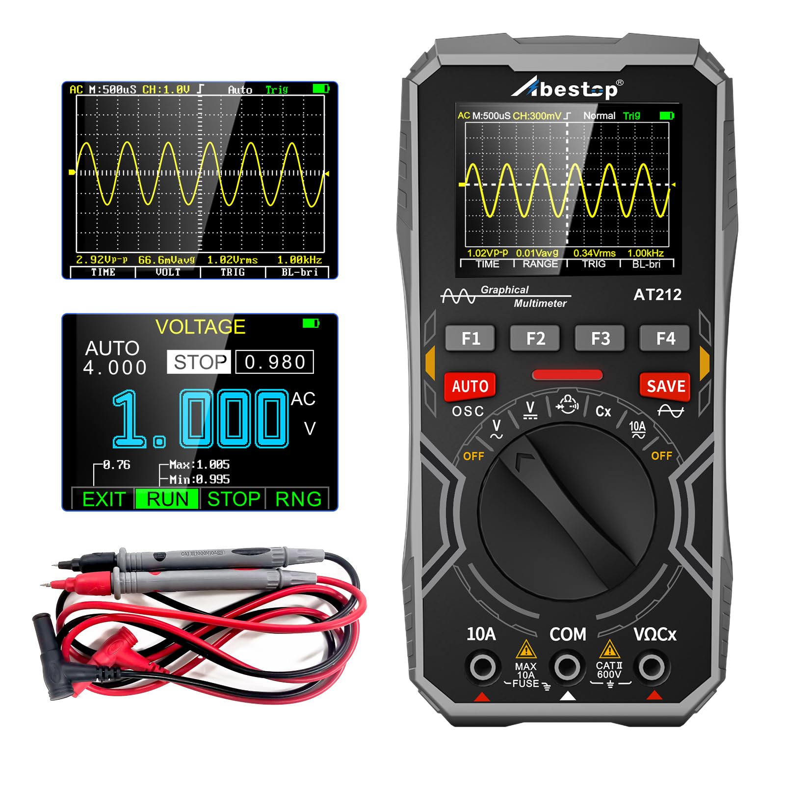 AT212 Abestop Oscilloscope Multimeter 1MHz Bandwidth 2.5Msps Sample Rate Portable Handheld Oscilloscope 2.4" Color Screen Auto/Normal/Single Function