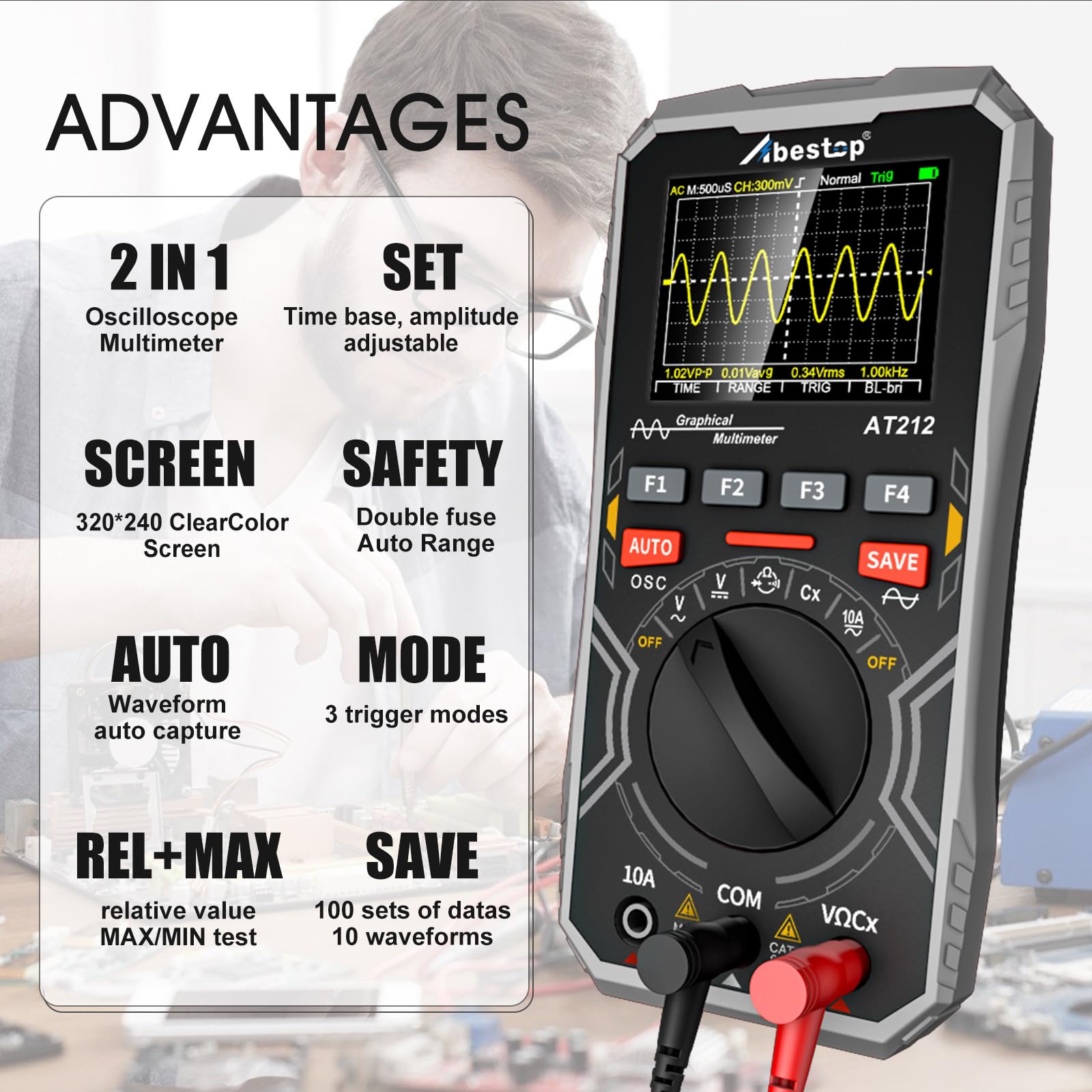 AT212 Abestop Oscilloscope Multimeter 1MHz Bandwidth 2.5Msps Sample Rate Portable Handheld Oscilloscope 2.4" Color Screen Auto/Normal/Single Function