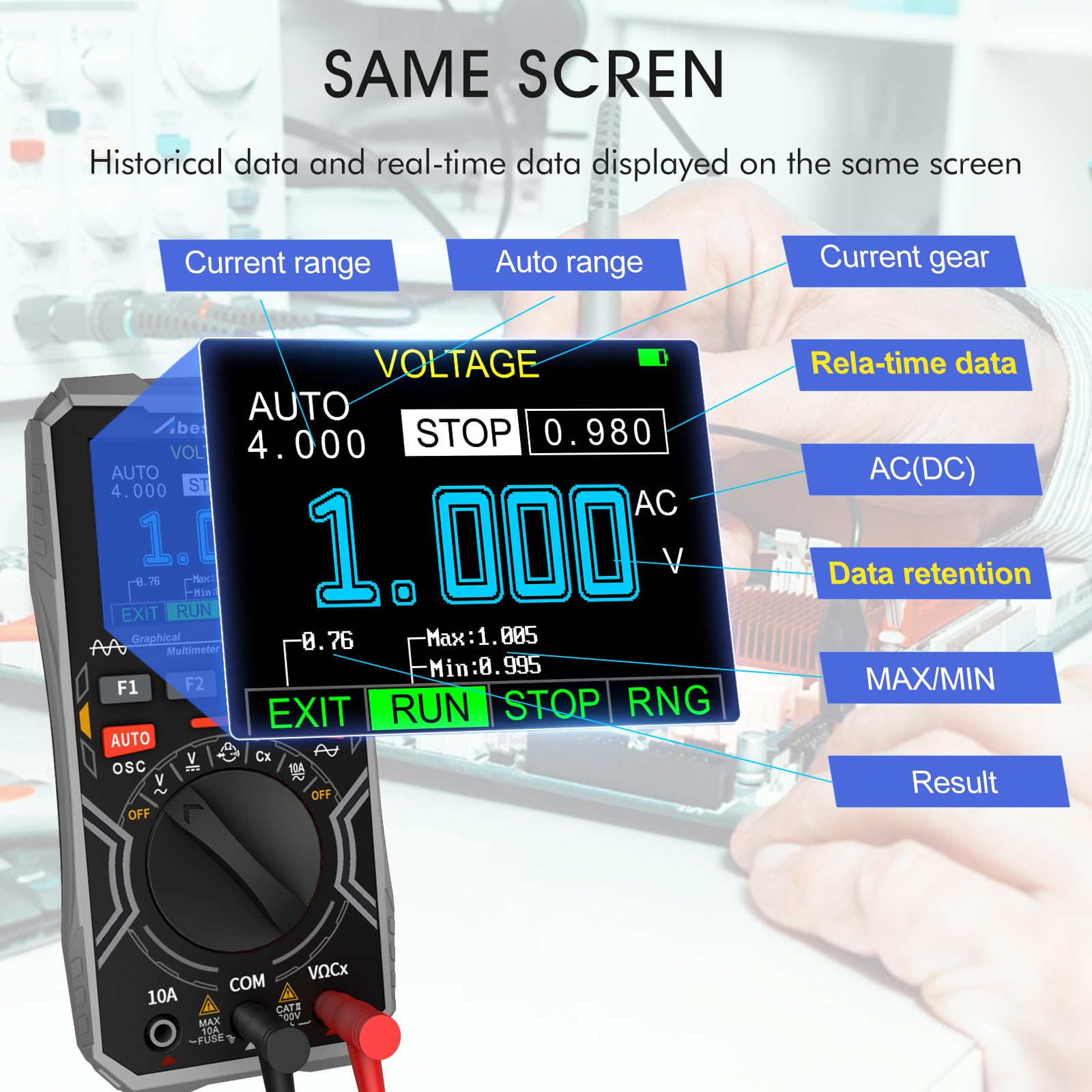 AT212 Abestop Oscilloscope Multimeter 1MHz Bandwidth 2.5Msps Sample Rate Portable Handheld Oscilloscope 2.4" Color Screen Auto/Normal/Single Function