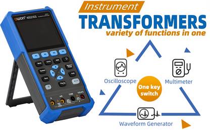 HDS2102S OWON Oscilloscope 2+1CH Digital Handheld Oscilloscope Multiumeter 3 in 1 100MHz Bandwidth 3.5" LCD Multiumeter OSC+DMM+Waveform Signal Generator for Automobile Maintenance,Power Detection