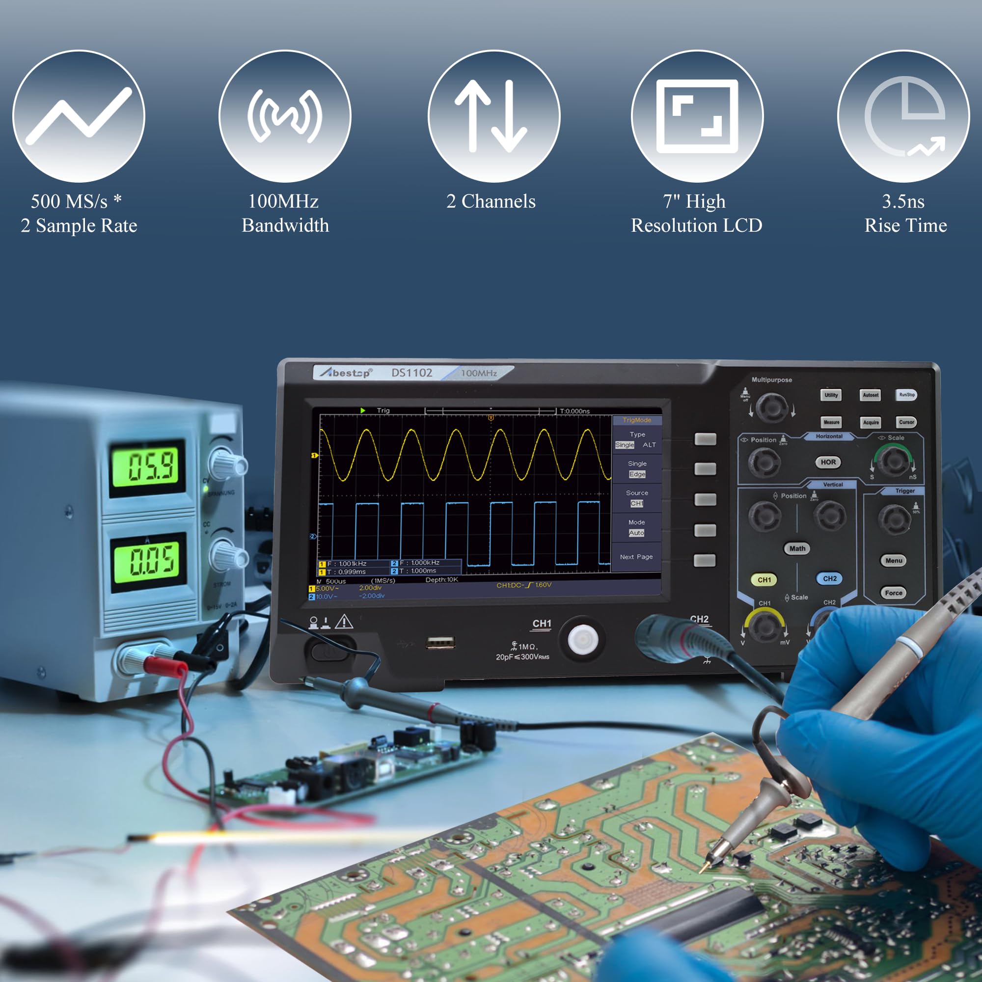 100MHz Oszilloskop Desktop SpeicherOszillograph169Zweikanalig mit 7" TFT-LCD-Anzeige Tragbares LeichtesDigitales Oszilloskop (D51102)