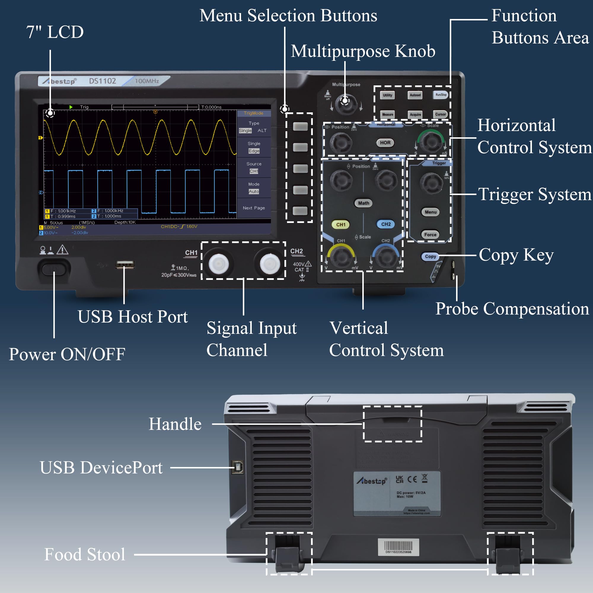 100MHz Oszilloskop Desktop SpeicherOszillograph169Zweikanalig mit 7" TFT-LCD-Anzeige Tragbares LeichtesDigitales Oszilloskop (D51102)
