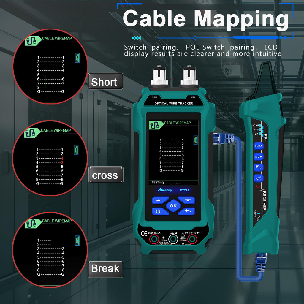 Abestop ET738 Netzwerk Kabeltester mit Digital Multimeter Mehrere Funktionen PoE Funktion Optische Kabel Meter Tracer Kabellangenmessung