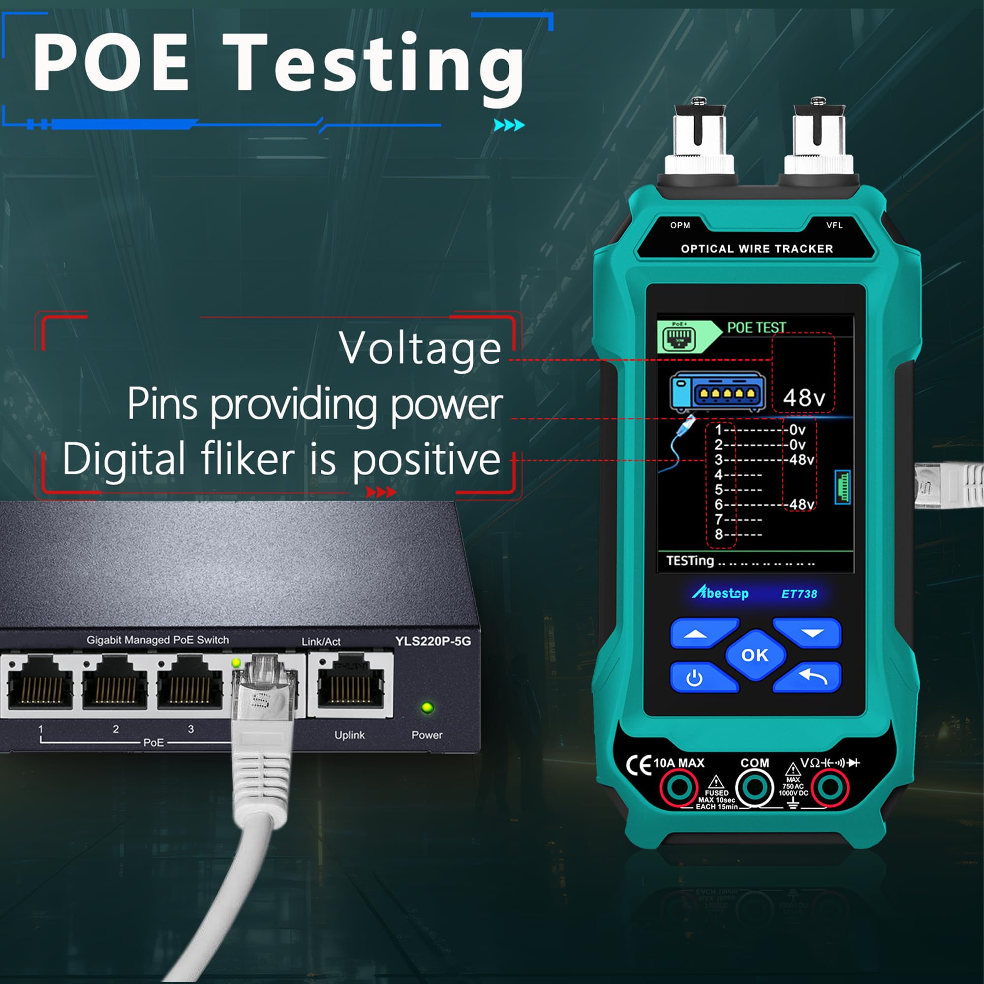 Abestop ET738 Netzwerk Kabeltester mit Digital Multimeter Mehrere Funktionen PoE Funktion Optische Kabel Meter Tracer Kabellangenmessung