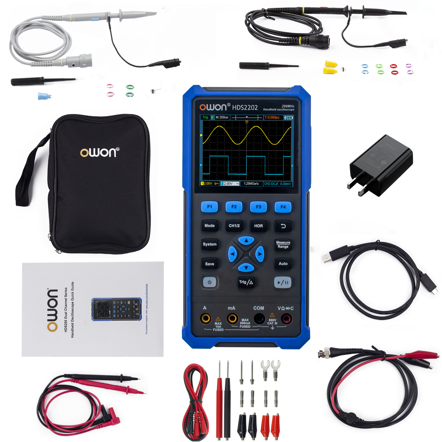 HDS2202 OWON oscilloscope 2CH Digital handheld oscilloscope 200MHz bandwidth 1GSa/s Sampling rate 3.5-inch LCD oscilloscope + multimeter Used for automotive maintenance and power detection