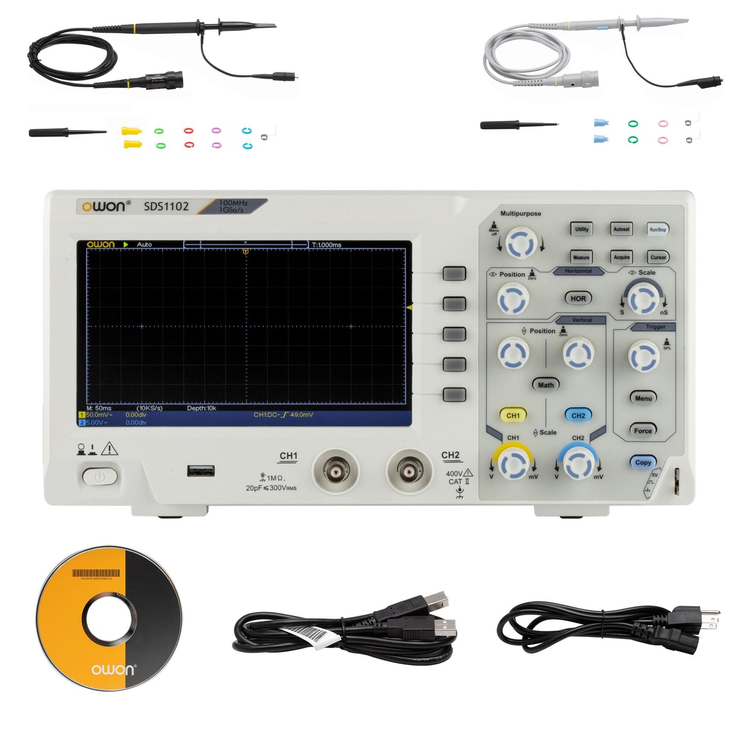 OWON SDS1102 100MHz digital desktop oscilloscope 2-channel oscilloscope 1GS/s sampling rate